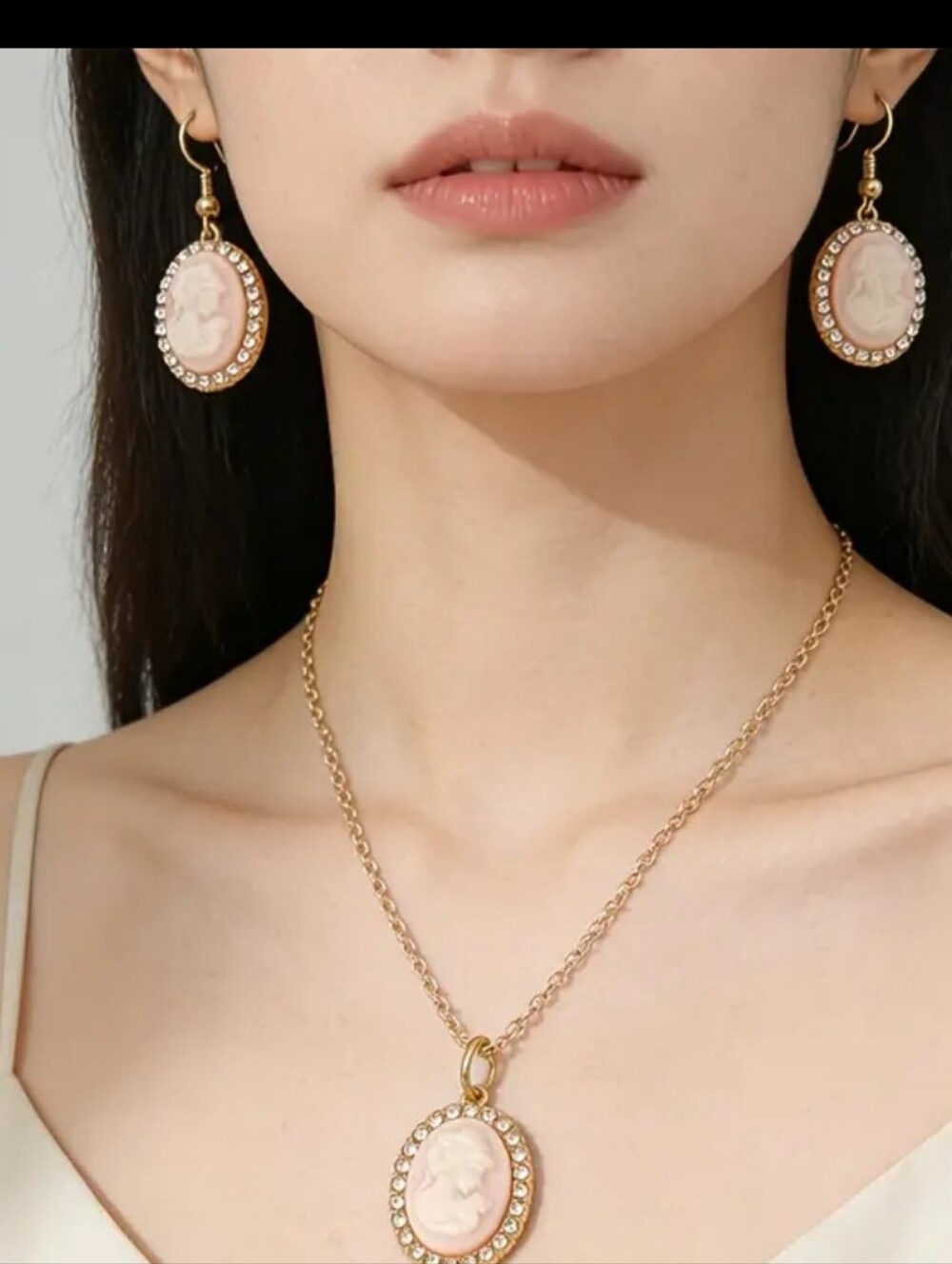 Set - Gold Cameo Pendant Necklace and Earrings - Light Pink Cameo